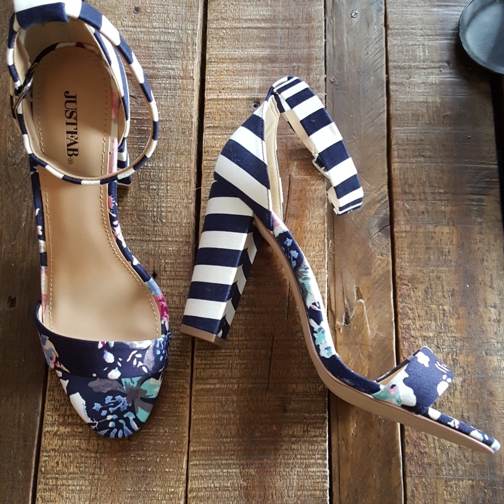 Stripe and floral strappy heels